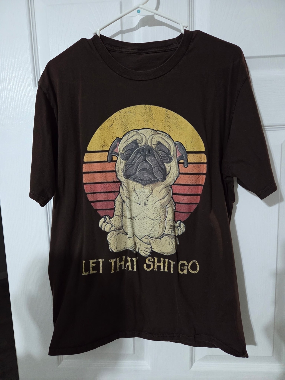 Pug Yoga "Let That S.it Go" Mens Large Brown Pug Yoga Tshirt